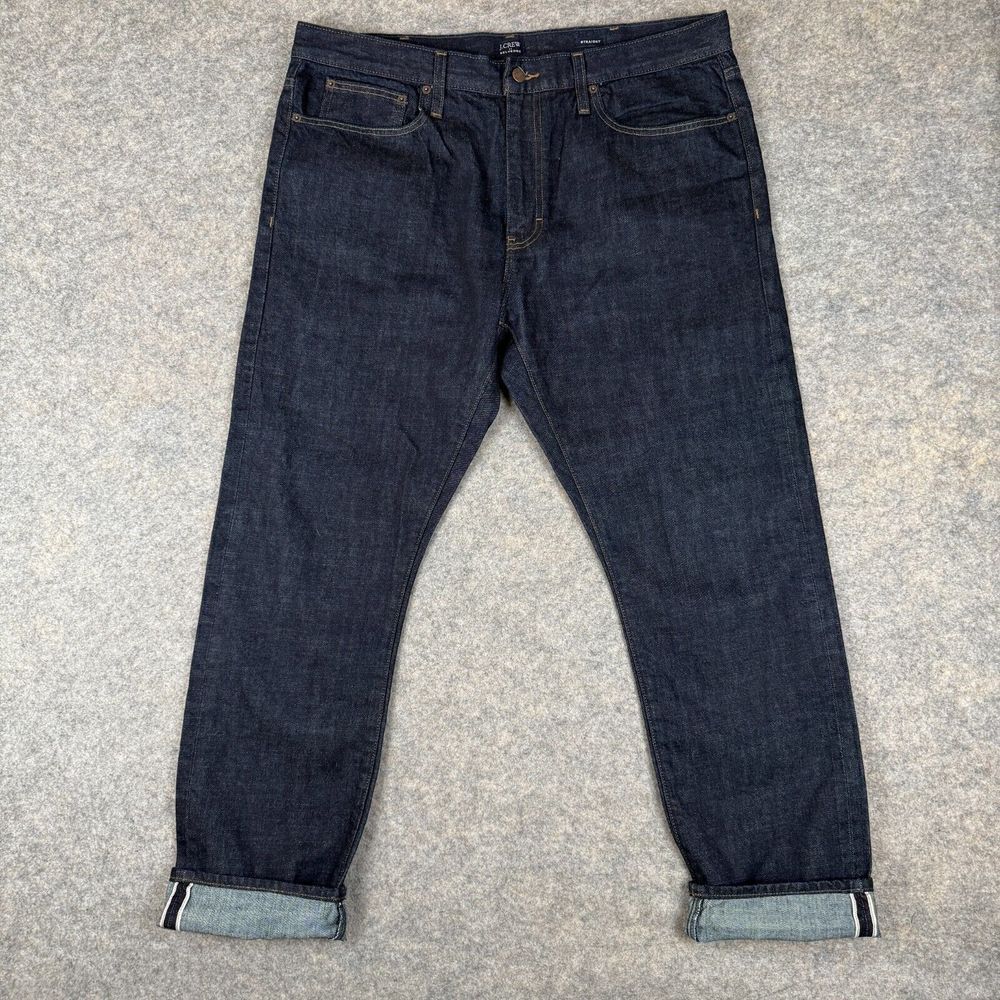 J Crew Selvedge Jeans Mens 38x32 Straight Black Dark Wash Blue Denim Pants